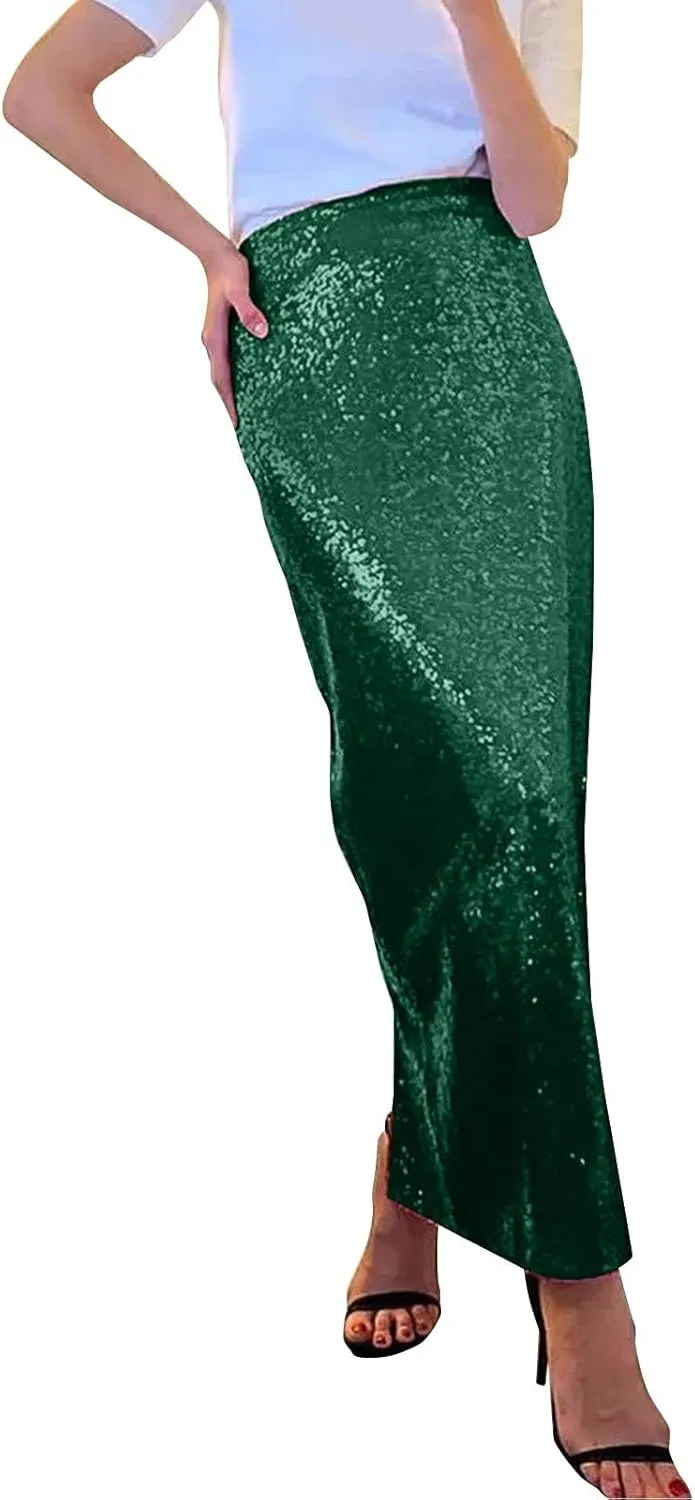 Women Sequin Skirt Sparkly Cute High Waist Ruffle Women's Elastic Waisted Bodycon Sparkle Night Out Silver Sparkly