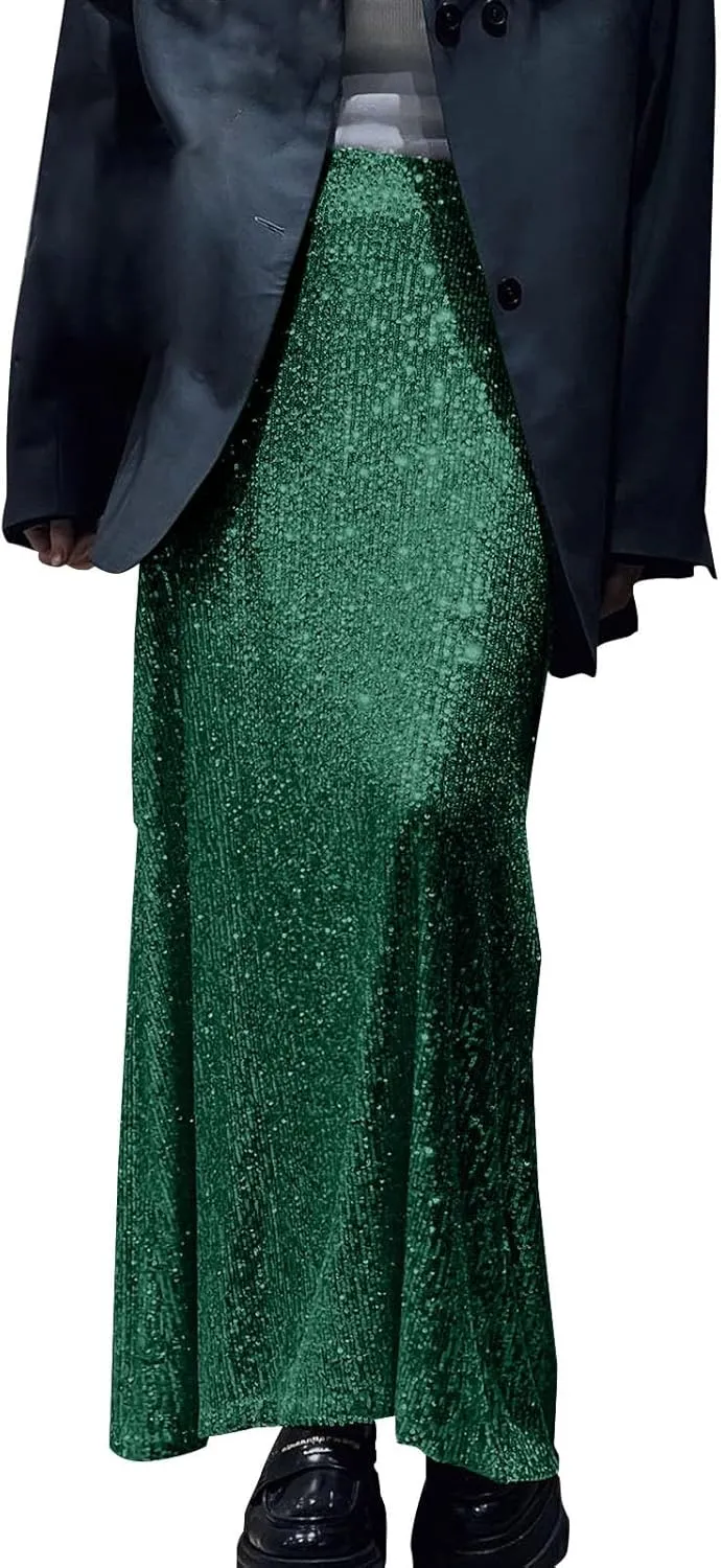 Women Sequin Skirt Sparkly Cute High Waist Ruffle Women's Elastic Waisted Bodycon Sparkle Night Out Silver Sparkly