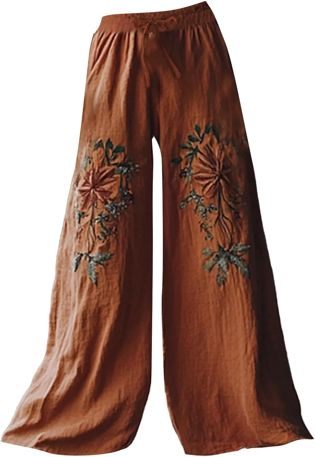 Women Summer Boho Pants Casual Linen High Waist Wide Leg Palazzo Pants Vintage Floral Lounge Trousers with Pockets
