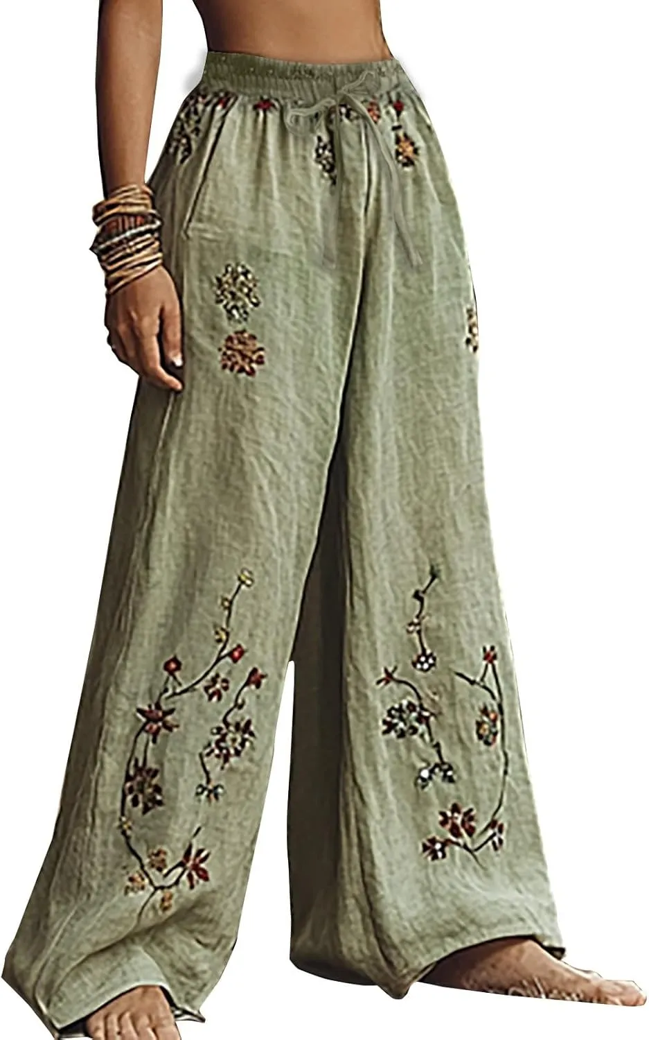 Women Summer Boho Pants Casual Linen High Waist Wide Leg Palazzo Pants Vintage Floral Lounge Trousers with Pockets