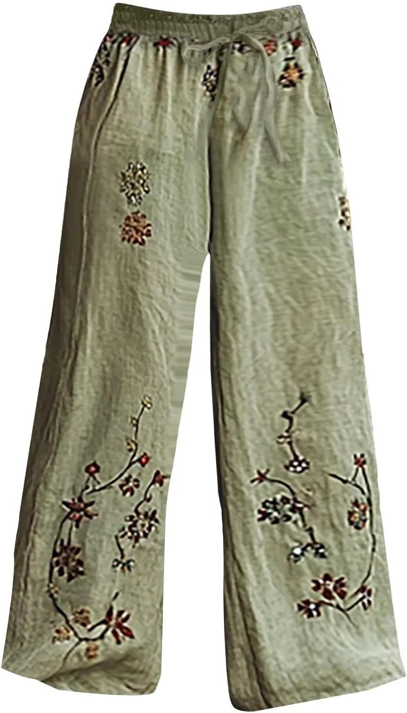 Women Summer Boho Pants Casual Linen High Waist Wide Leg Palazzo Pants Vintage Floral Lounge Trousers with Pockets