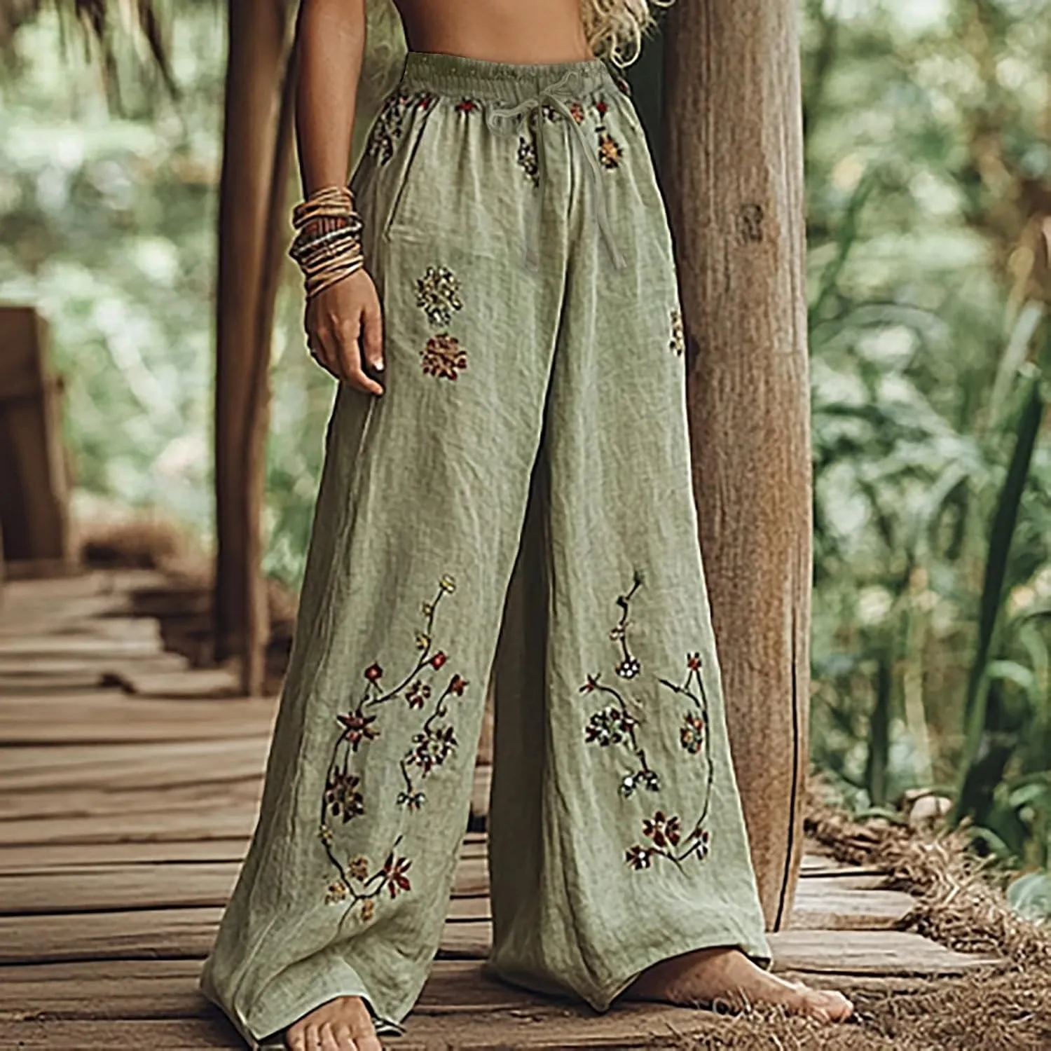 Women Summer Boho Pants Casual Linen High Waist Wide Leg Palazzo Pants Vintage Floral Lounge Trousers with Pockets