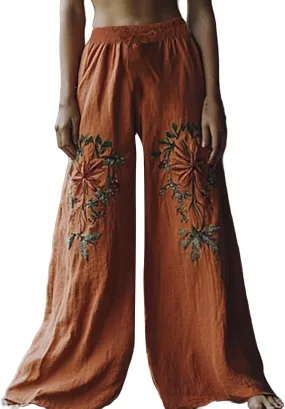 Women Summer Boho Pants Casual Linen High Waist Wide Leg Palazzo Pants Vintage Floral Lounge Trousers with Pockets