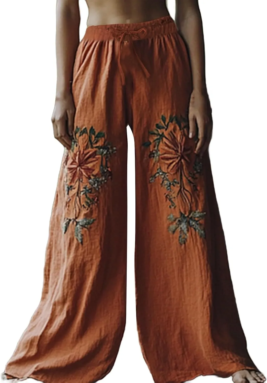 Women Summer Boho Pants Casual Linen High Waist Wide Leg Palazzo Pants Vintage Floral Lounge Trousers with Pockets