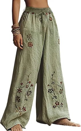Women Summer Boho Pants Casual Linen High Waist Wide Leg Palazzo Pants Vintage Floral Lounge Trousers with Pockets