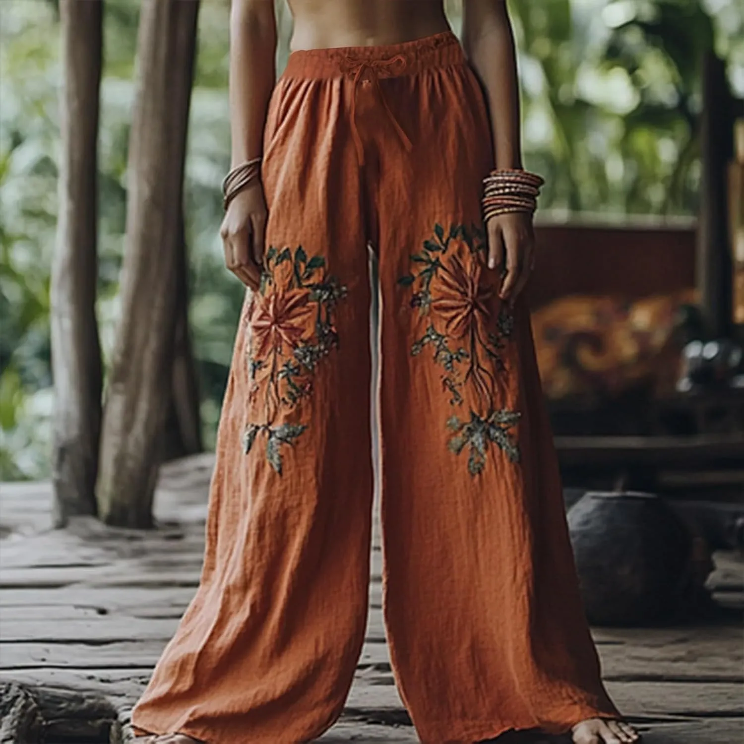 Women Summer Boho Pants Casual Linen High Waist Wide Leg Palazzo Pants Vintage Floral Lounge Trousers with Pockets