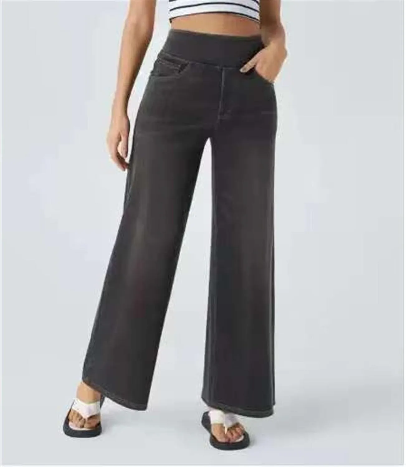 Women's Loose Fit High Waist Jeans Business Casual Pants Fashion Skinny Pocket Stretch Straight Jeans Solid Color
