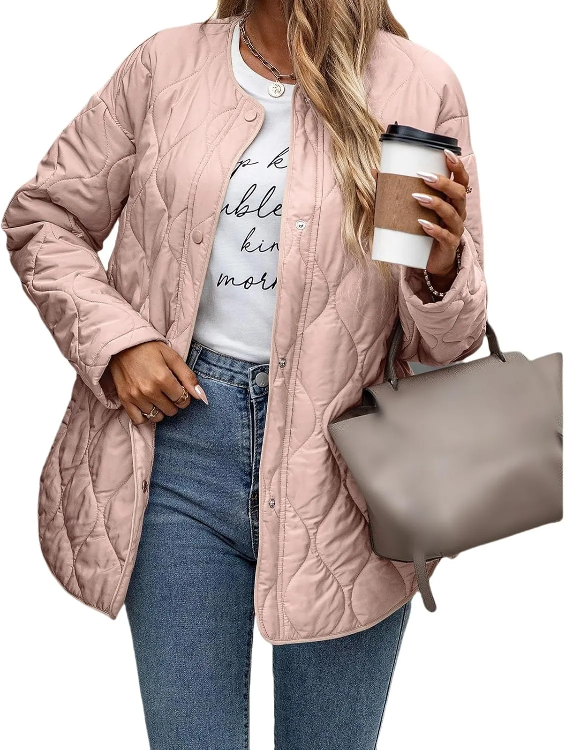 Womens Oversized Lightweight Down Coat Casual Long Sleeve Botton Down Puffer Jacket Outerwear with Pockets