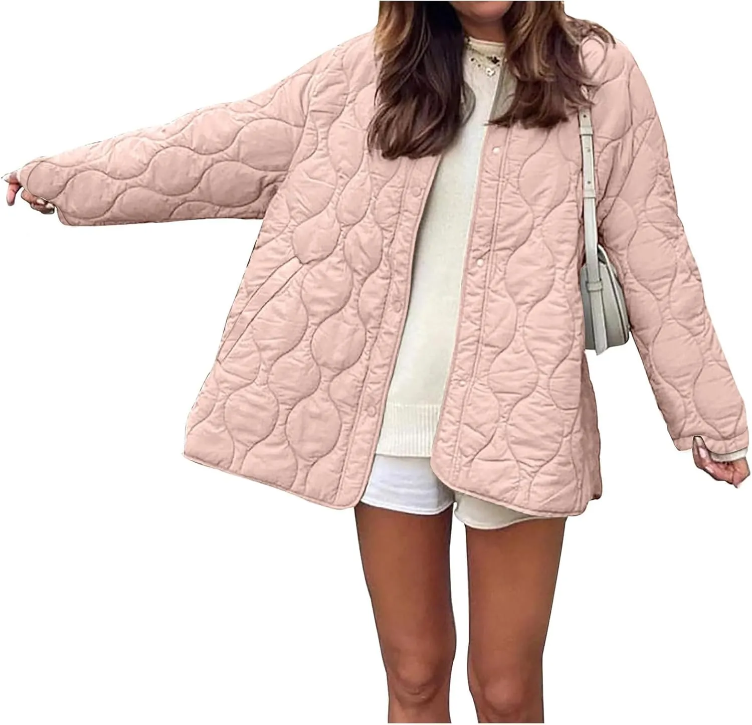 Womens Oversized Lightweight Down Coat Casual Long Sleeve Botton Down Puffer Jacket Outerwear with Pockets