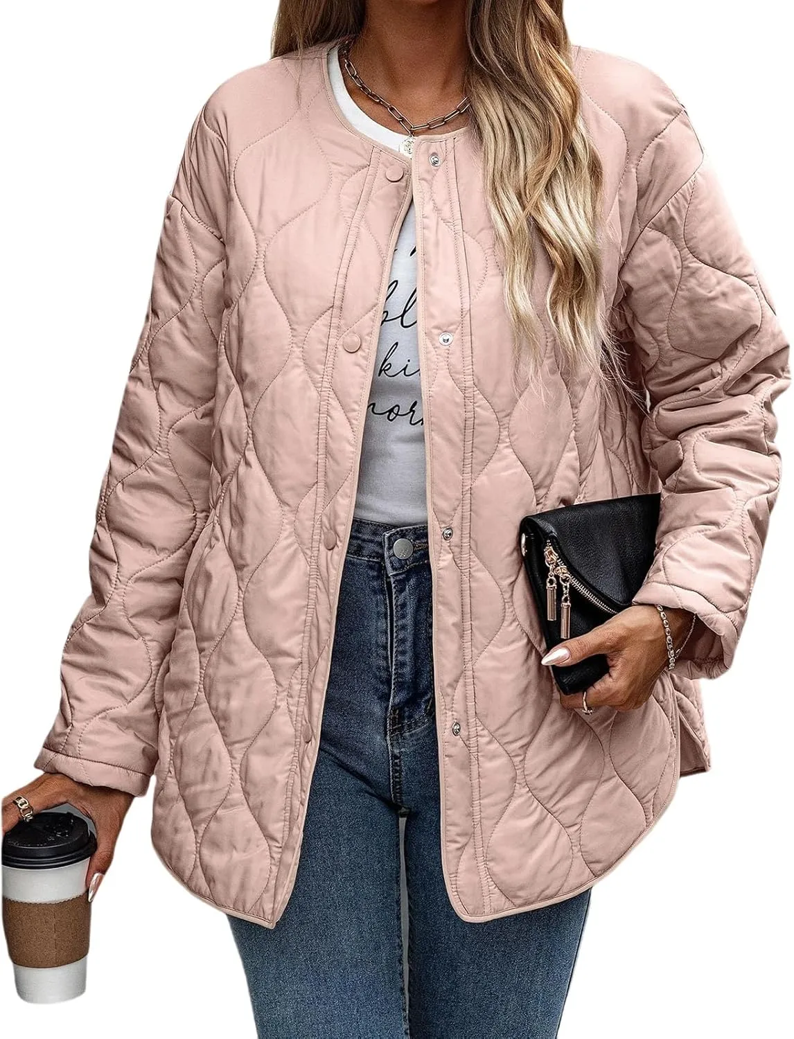 Womens Oversized Lightweight Down Coat Casual Long Sleeve Botton Down Puffer Jacket Outerwear with Pockets