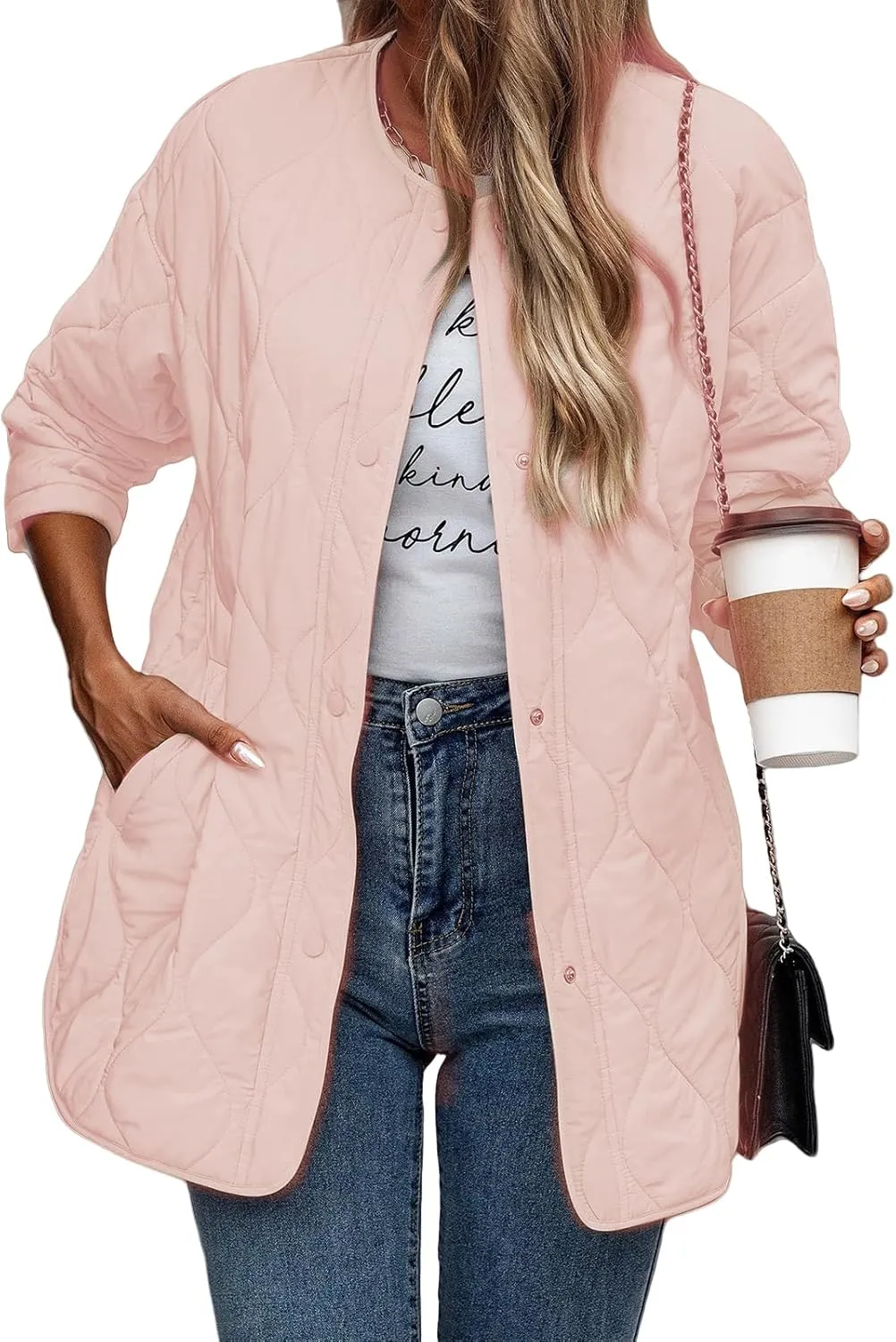 Womens Oversized Lightweight Down Coat Casual Long Sleeve Botton Down Puffer Jacket Outerwear with Pockets