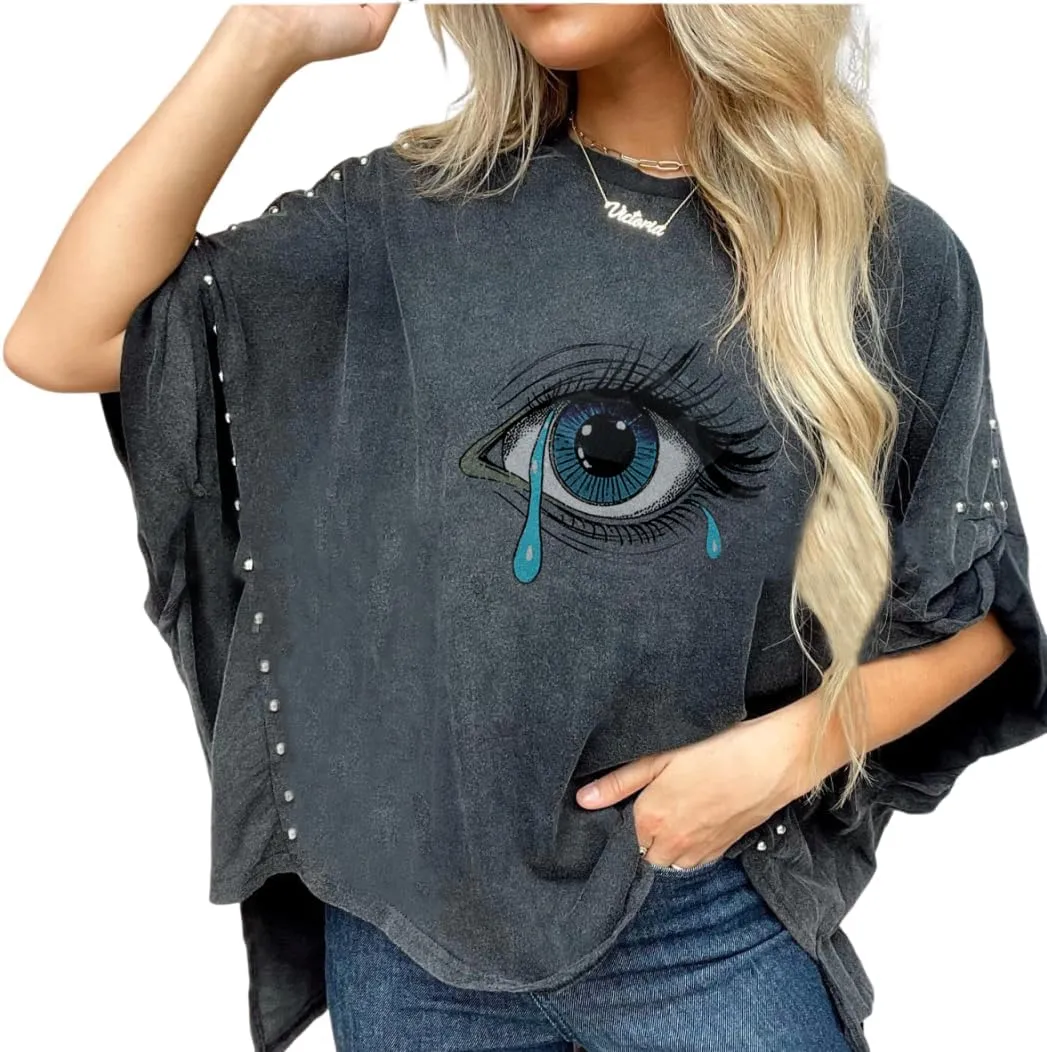 Womens Oversized Tshirts Batwing Short Sleeve Studded Tops Asymmetric Hem Summer Casual Loose Fit Shirts