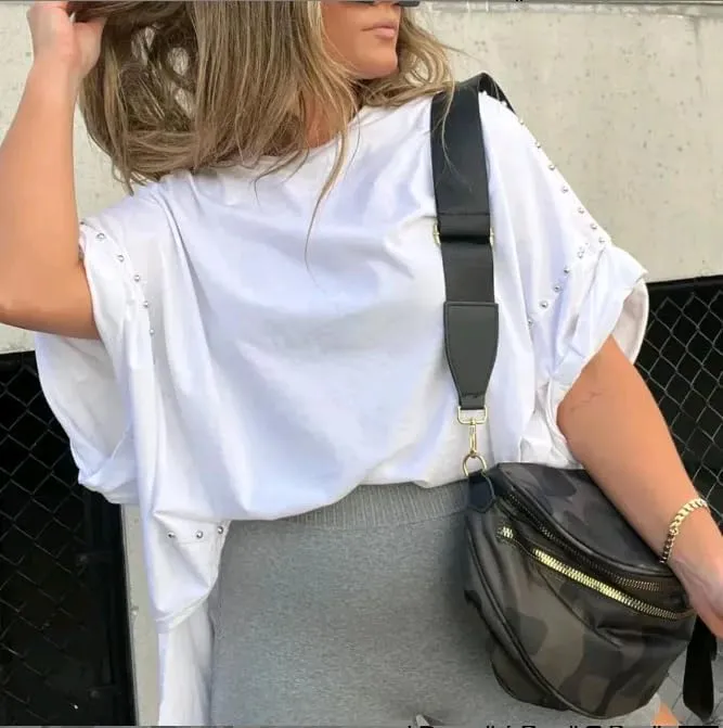 Womens Oversized Tshirts Batwing Short Sleeve Studded Tops Asymmetric Hem Summer Casual Loose Fit Shirts
