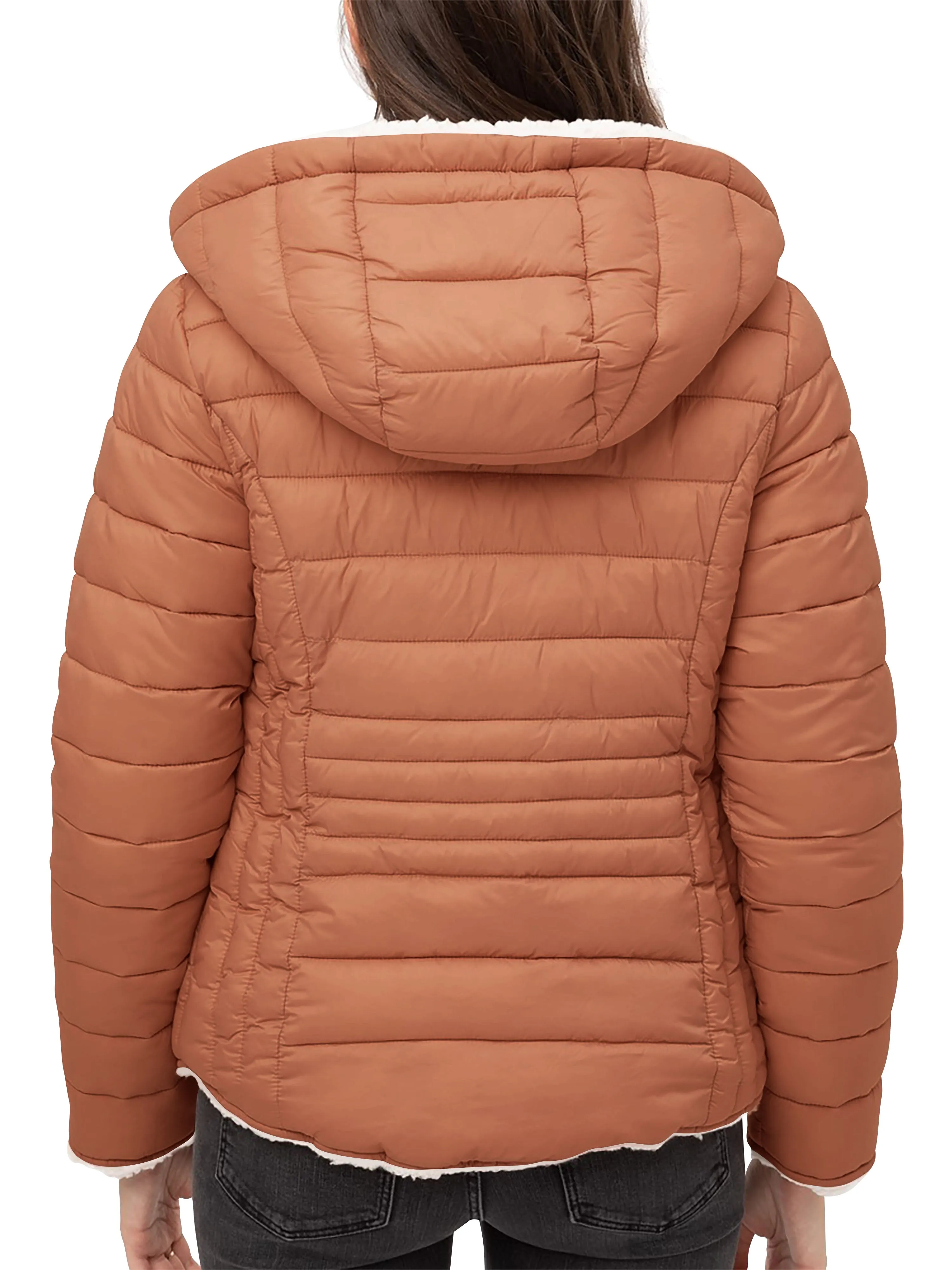 Womens Reversible Sherpa Fleece Puffer Hooded Jacket
