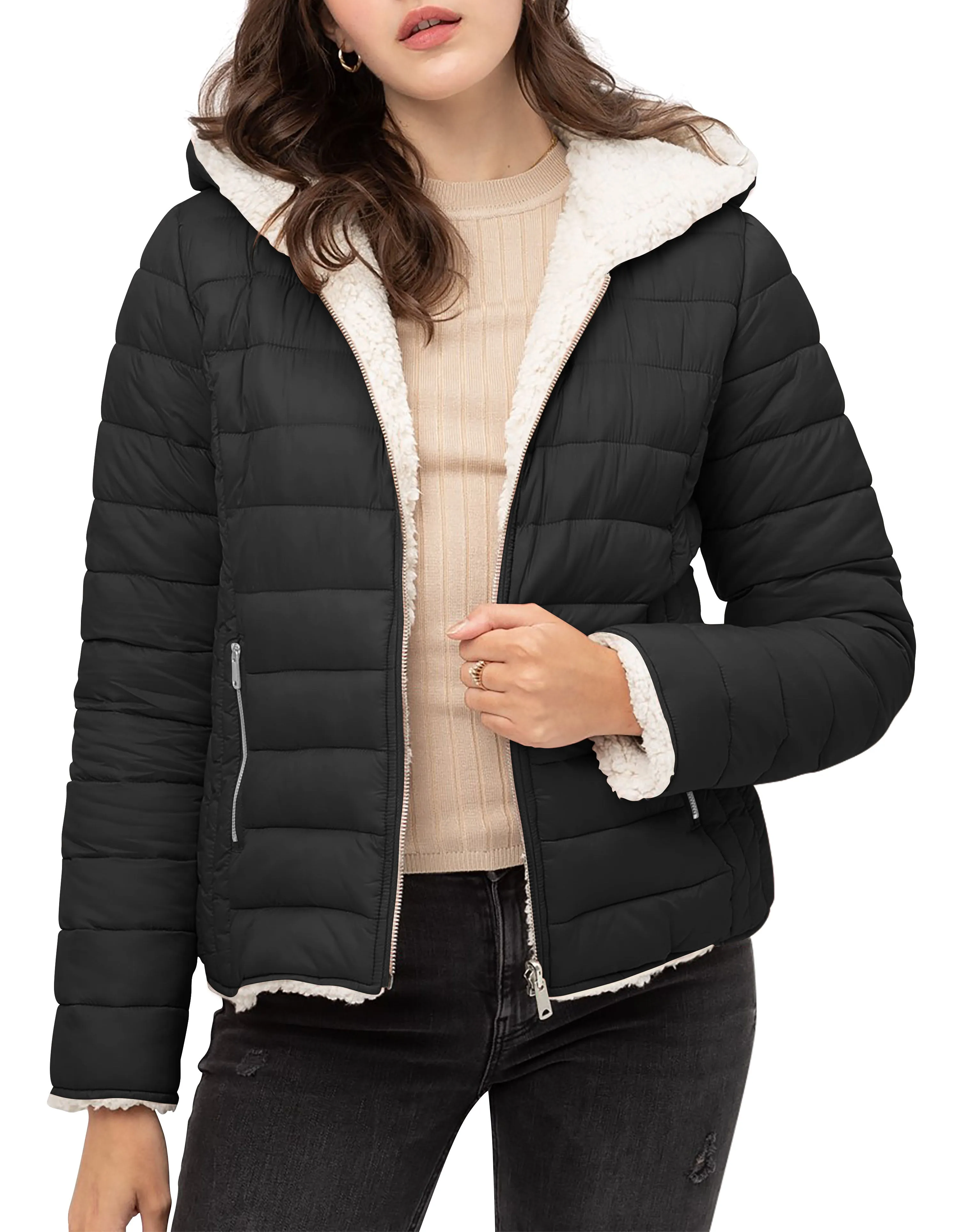 Womens Reversible Sherpa Fleece Puffer Hooded Jacket