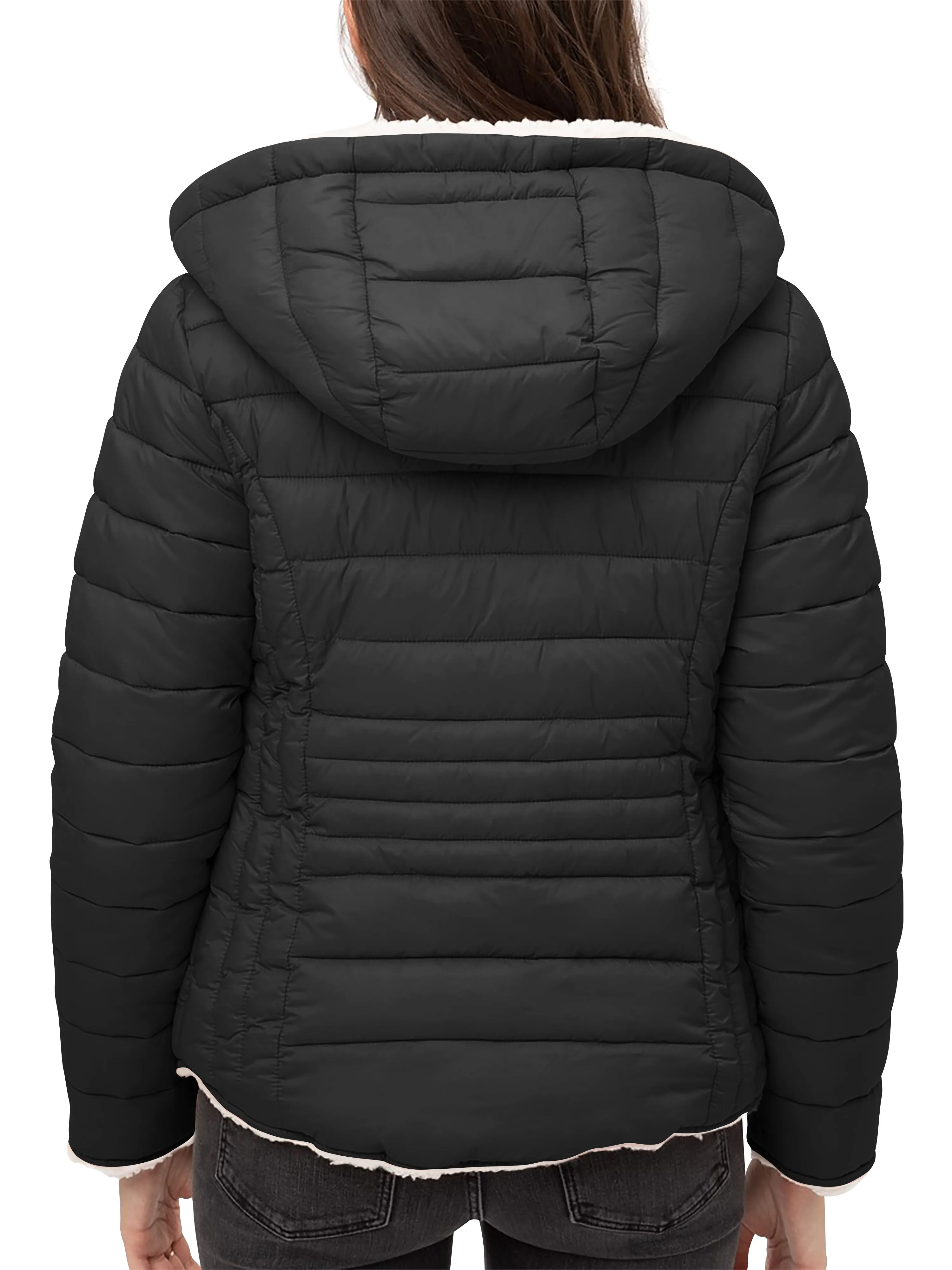 Womens Reversible Sherpa Fleece Puffer Hooded Jacket