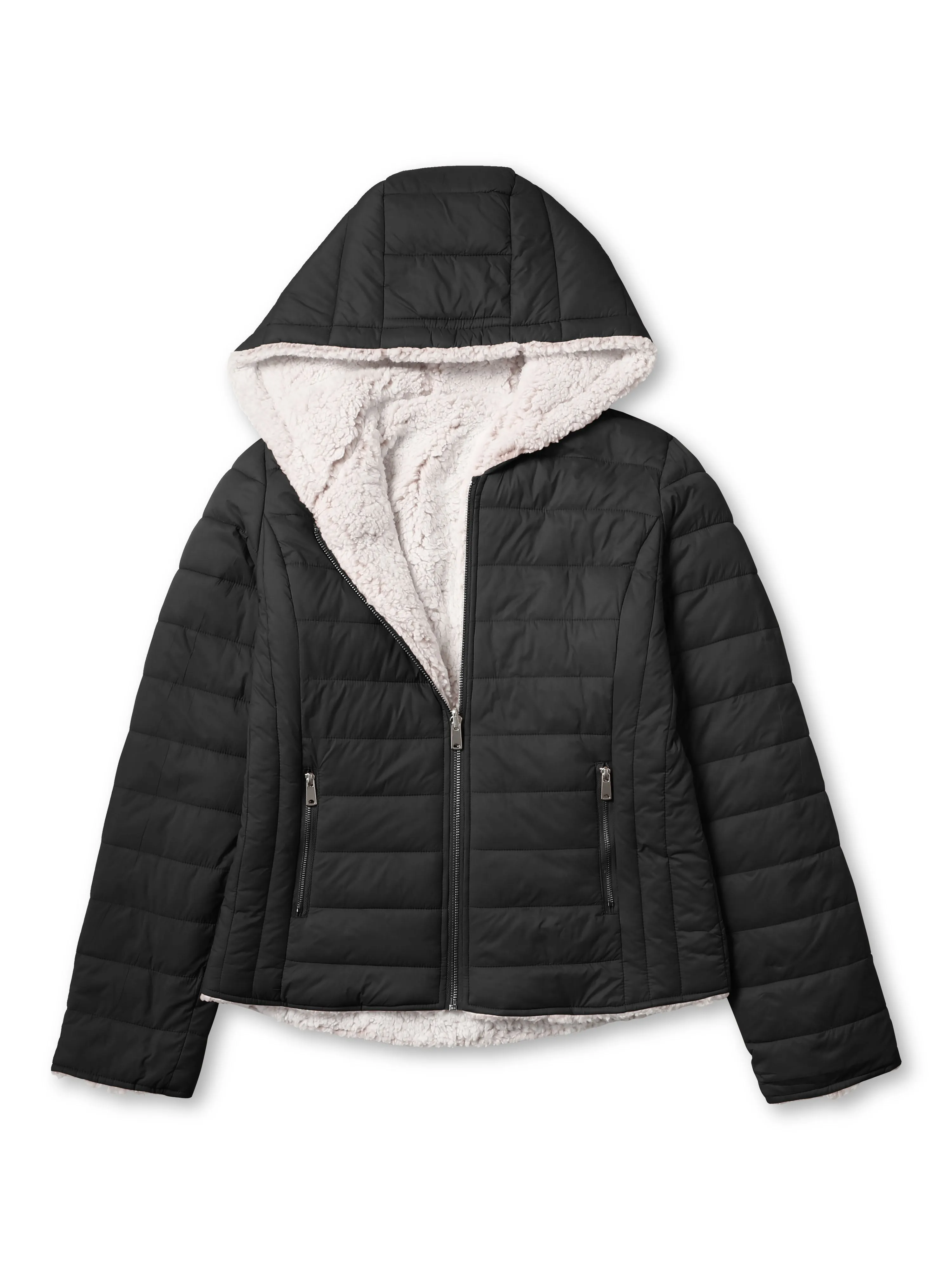 Womens Reversible Sherpa Fleece Puffer Hooded Jacket