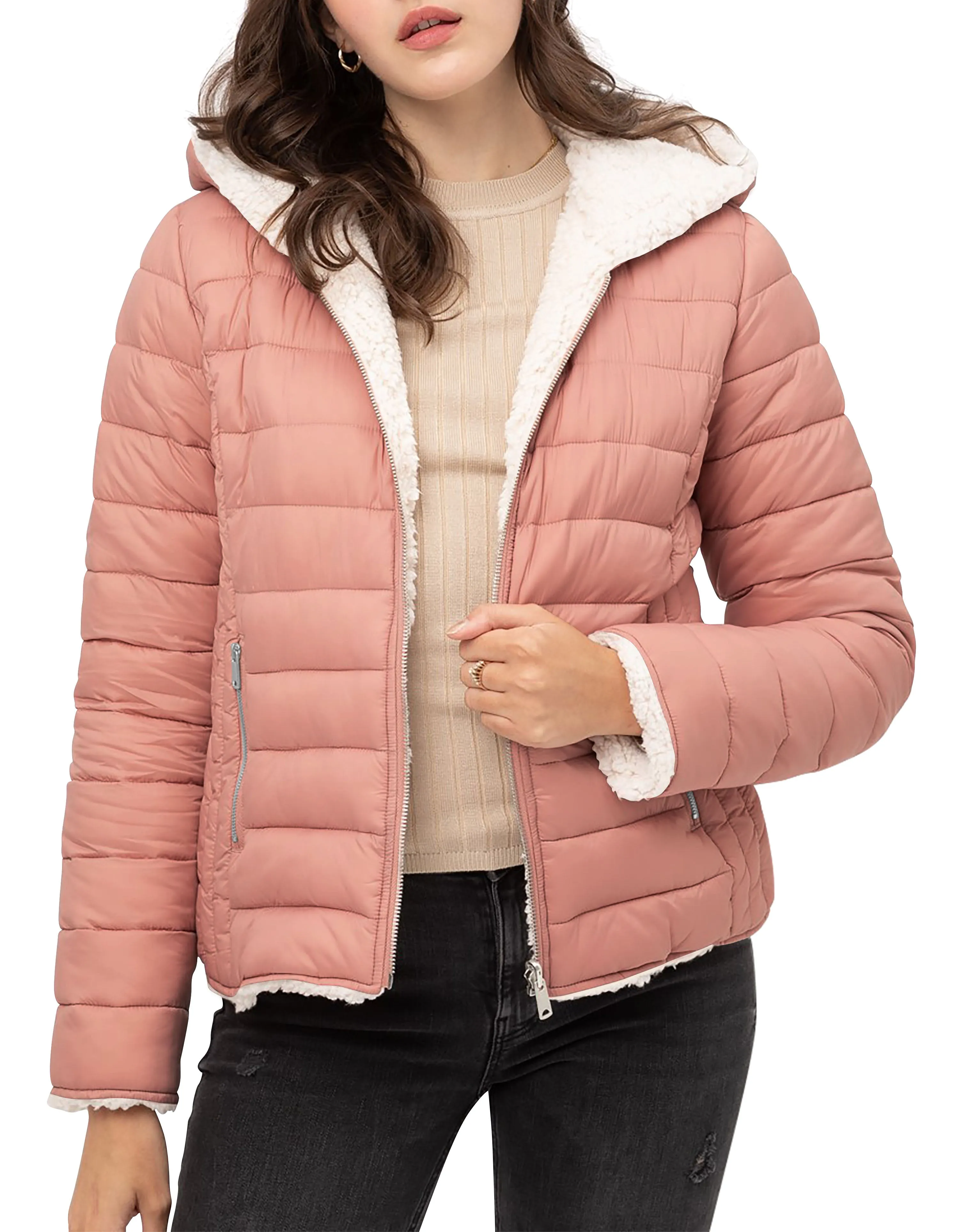 Womens Reversible Sherpa Fleece Puffer Hooded Jacket