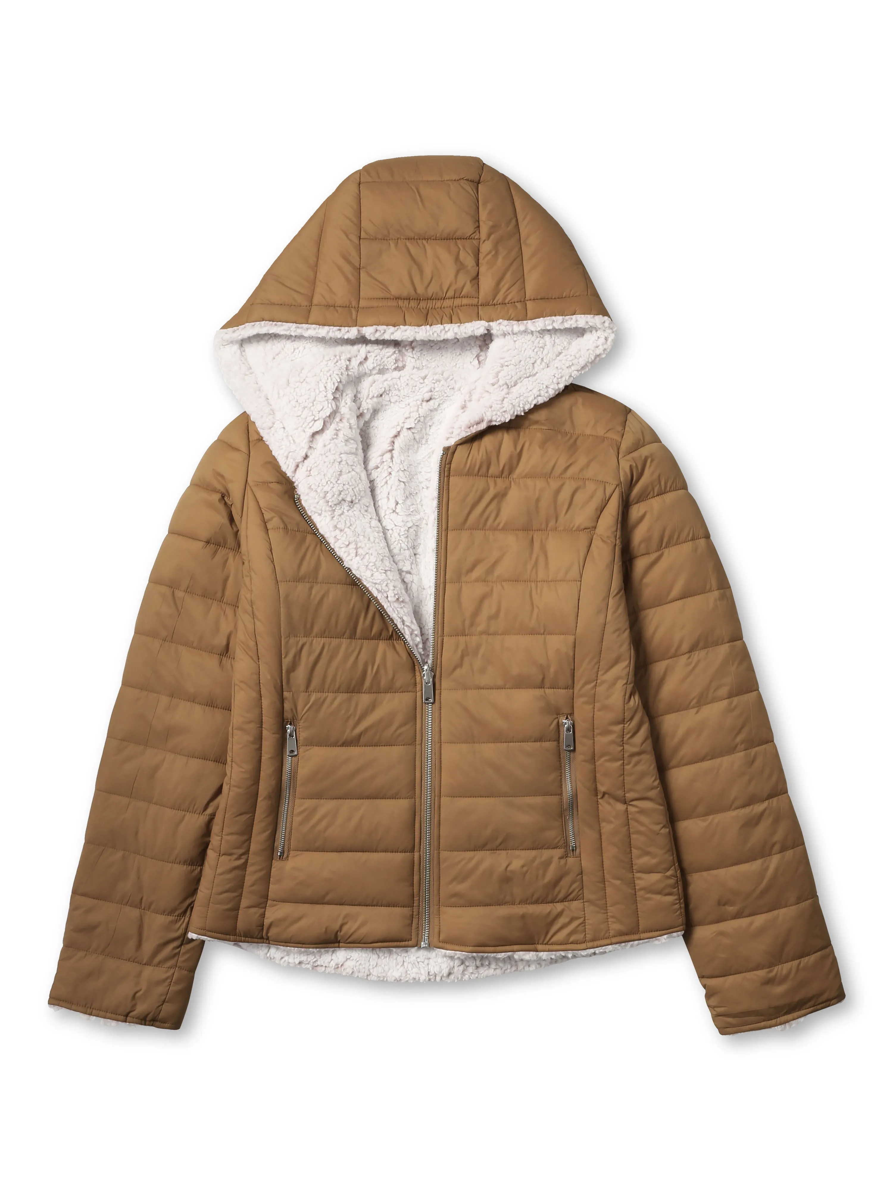Womens Reversible Sherpa Fleece Puffer Hooded Jacket