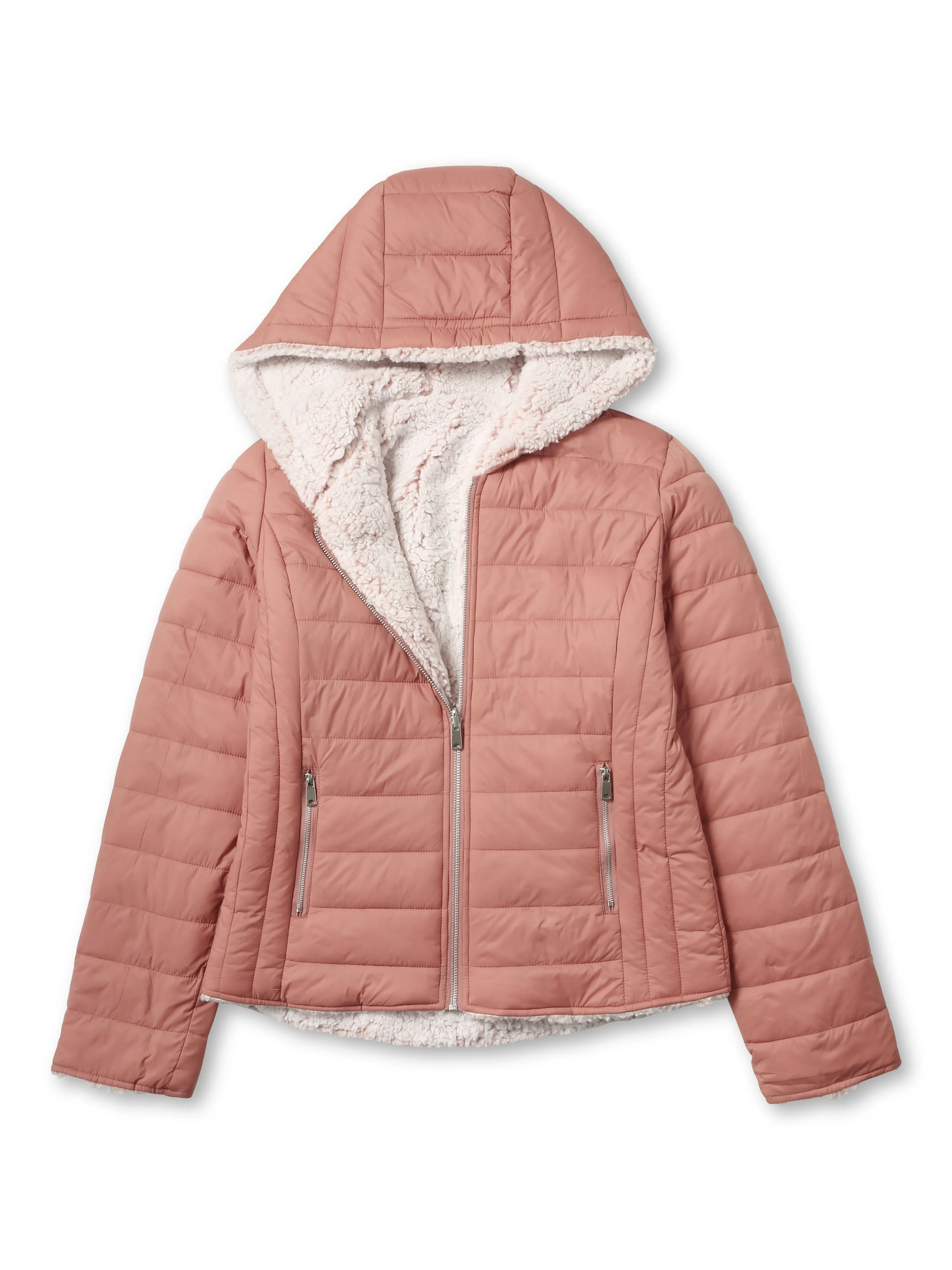 Womens Reversible Sherpa Fleece Puffer Hooded Jacket