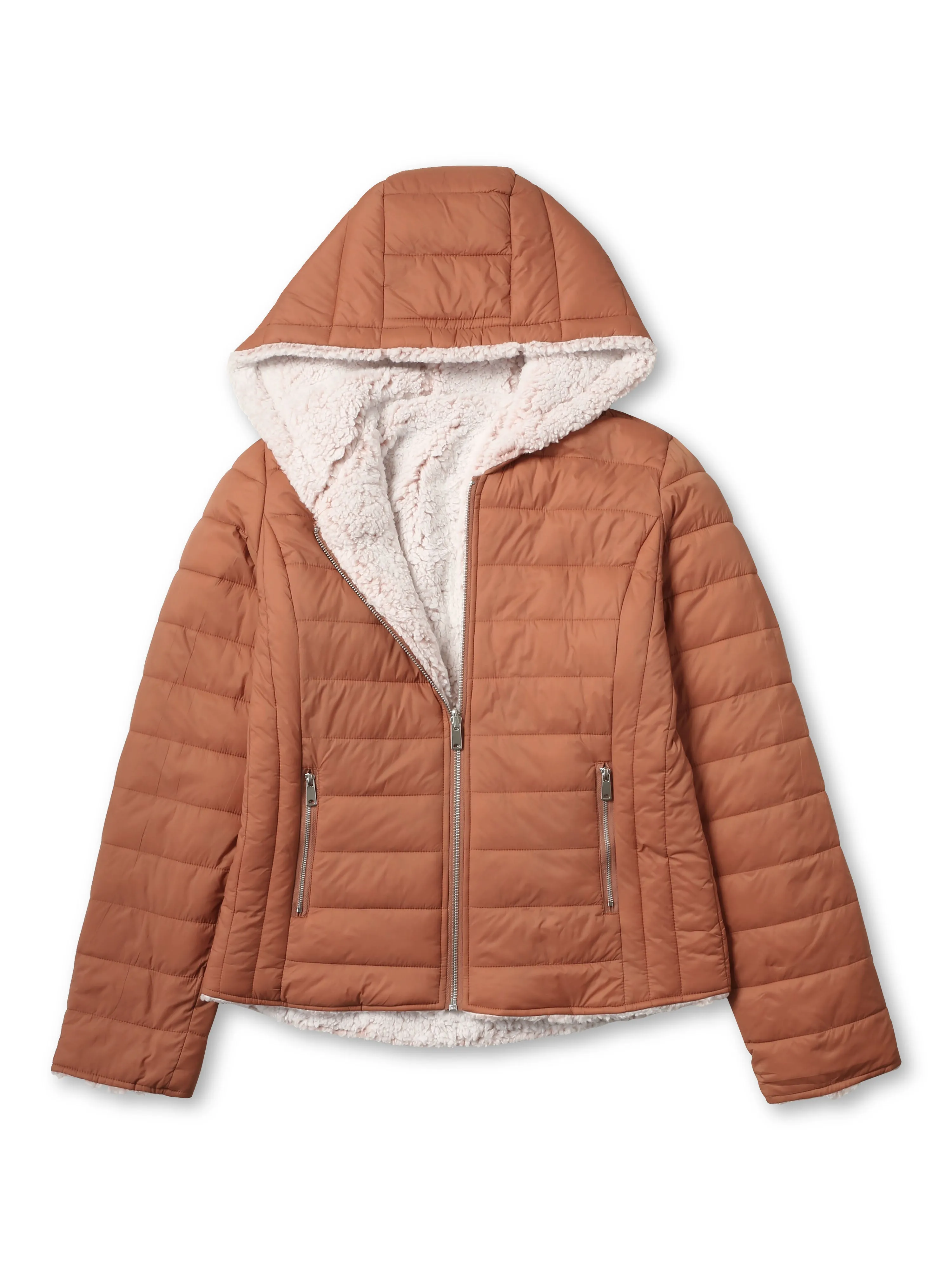 Womens Reversible Sherpa Fleece Puffer Hooded Jacket