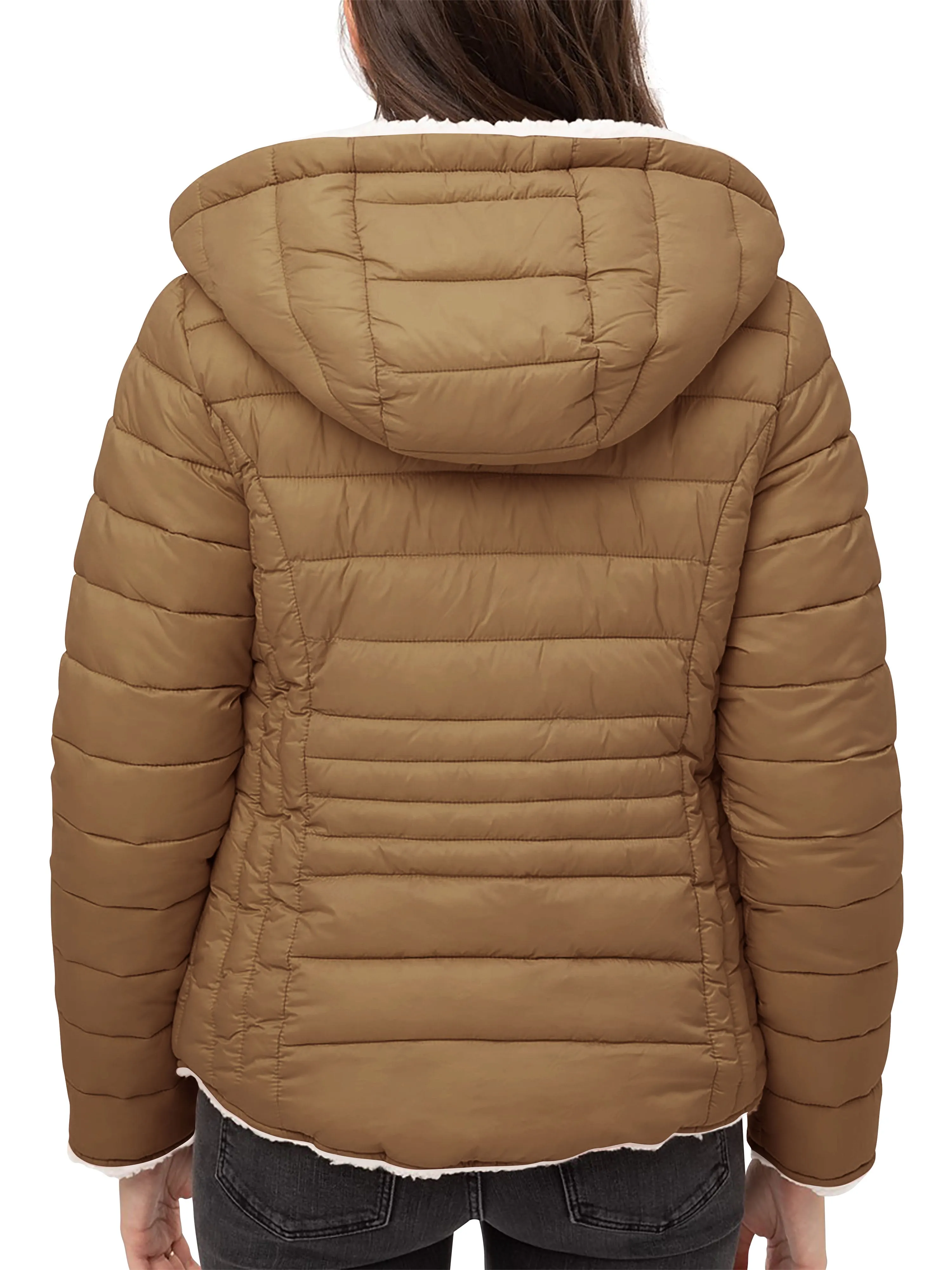 Womens Reversible Sherpa Fleece Puffer Hooded Jacket