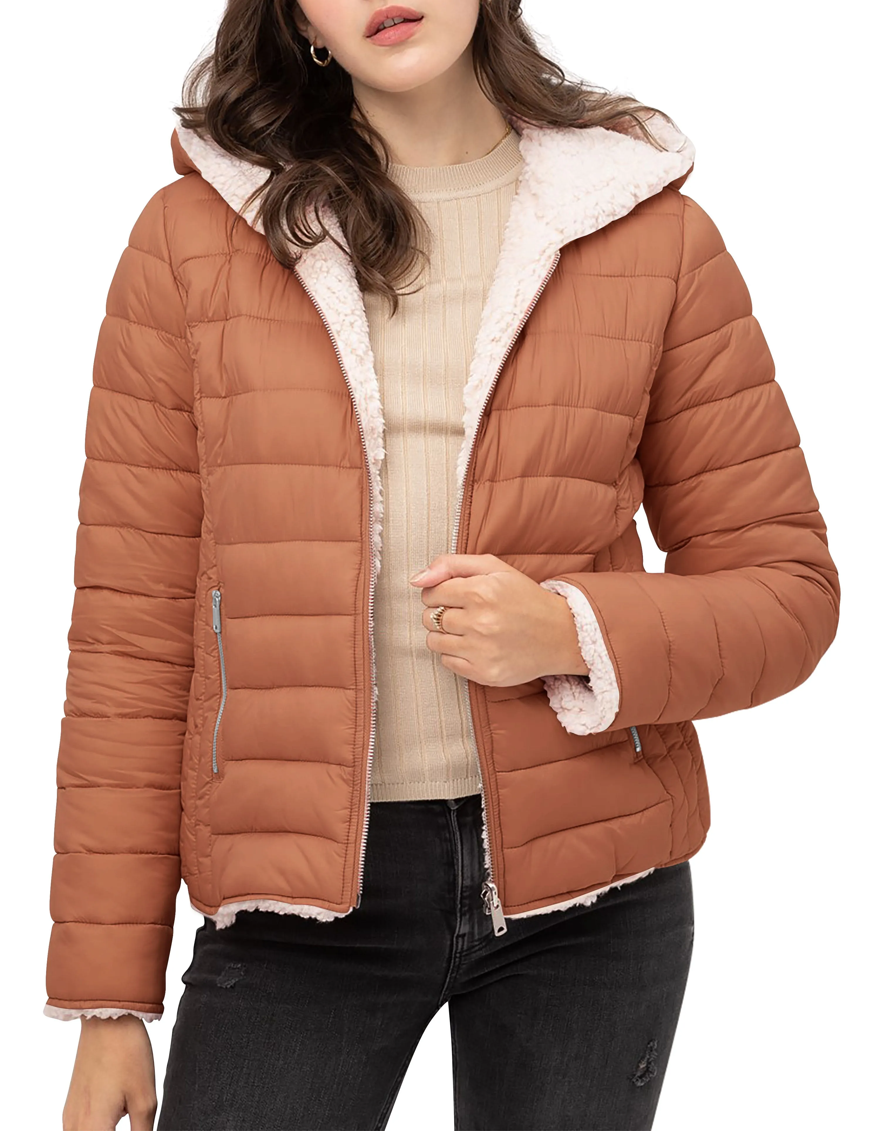 Womens Reversible Sherpa Fleece Puffer Hooded Jacket