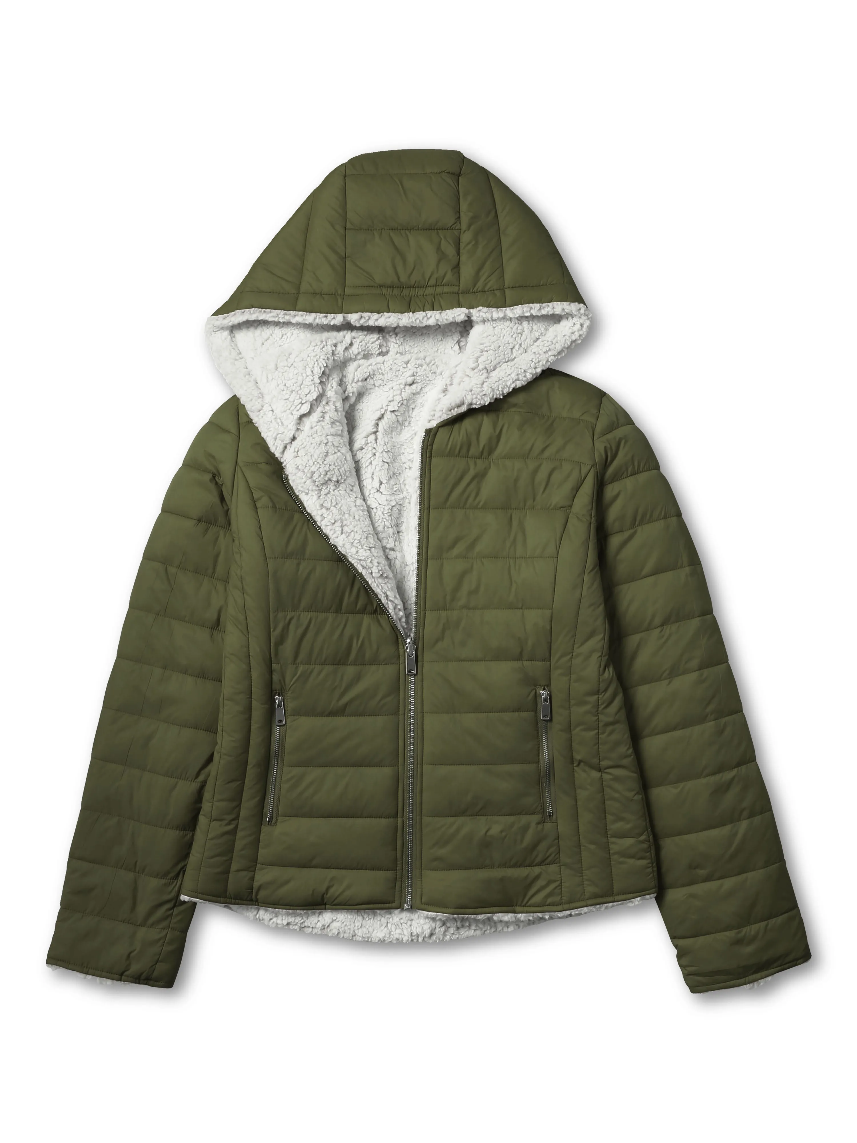 Womens Reversible Sherpa Fleece Puffer Hooded Jacket