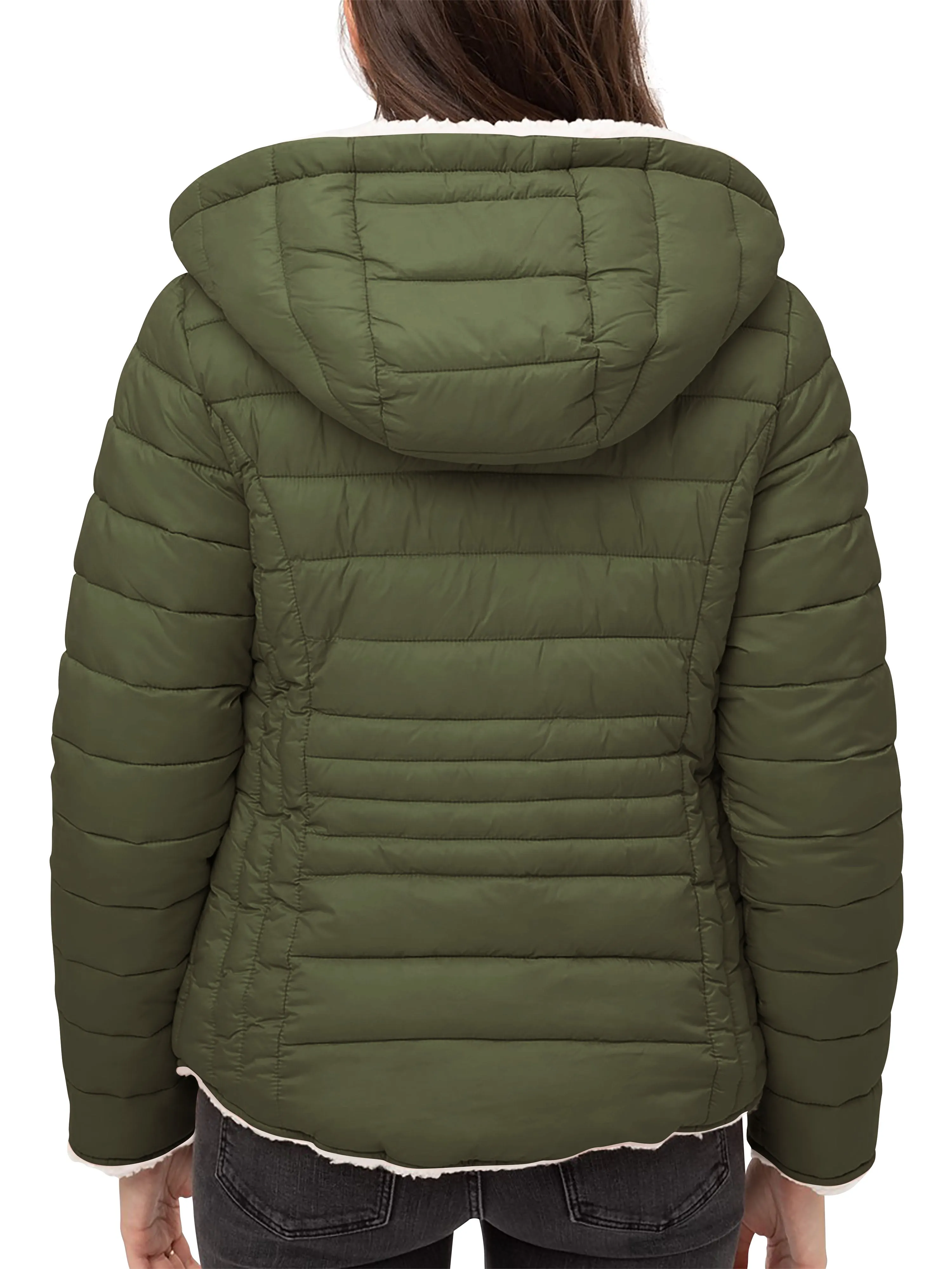 Womens Reversible Sherpa Fleece Puffer Hooded Jacket