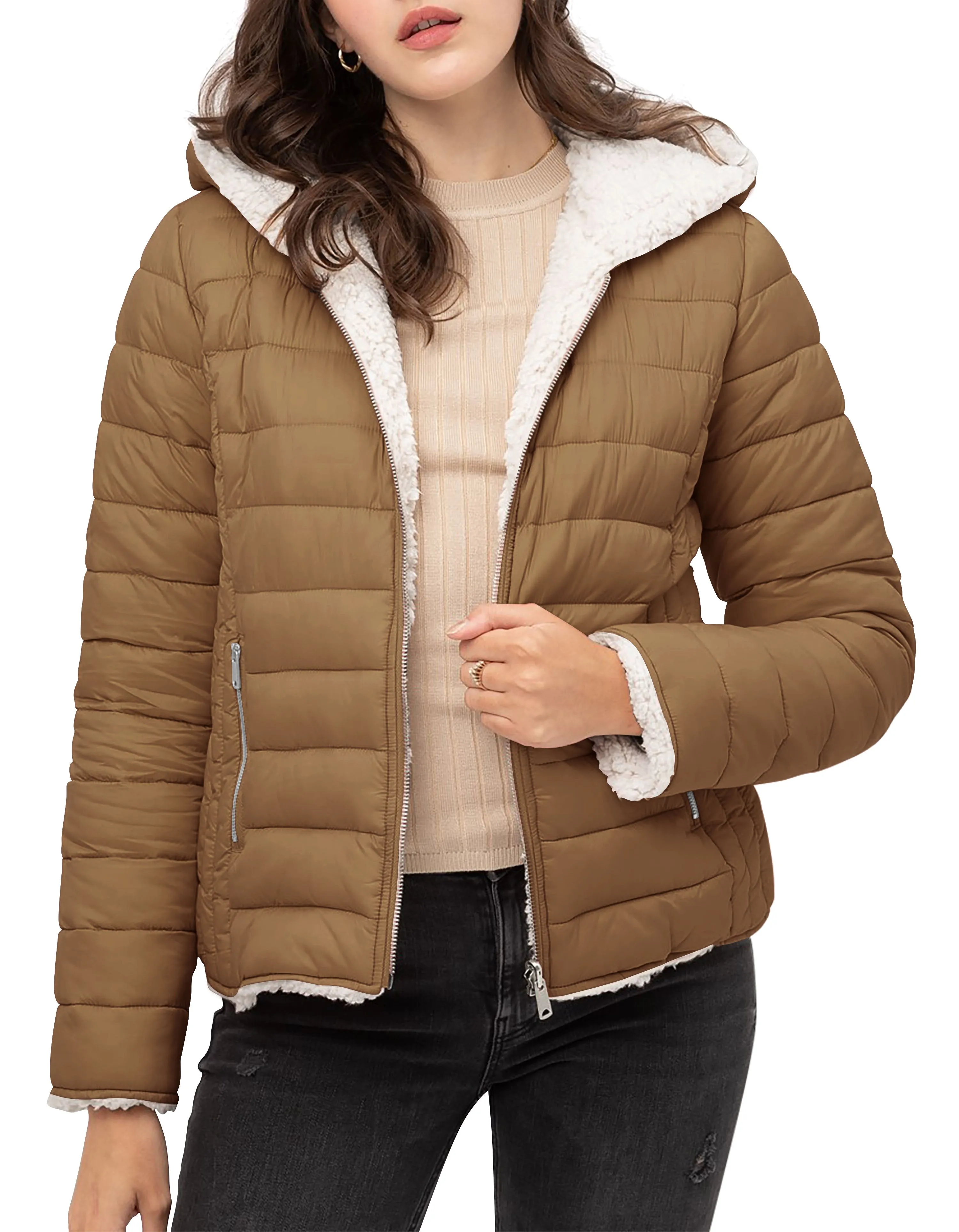 Womens Reversible Sherpa Fleece Puffer Hooded Jacket