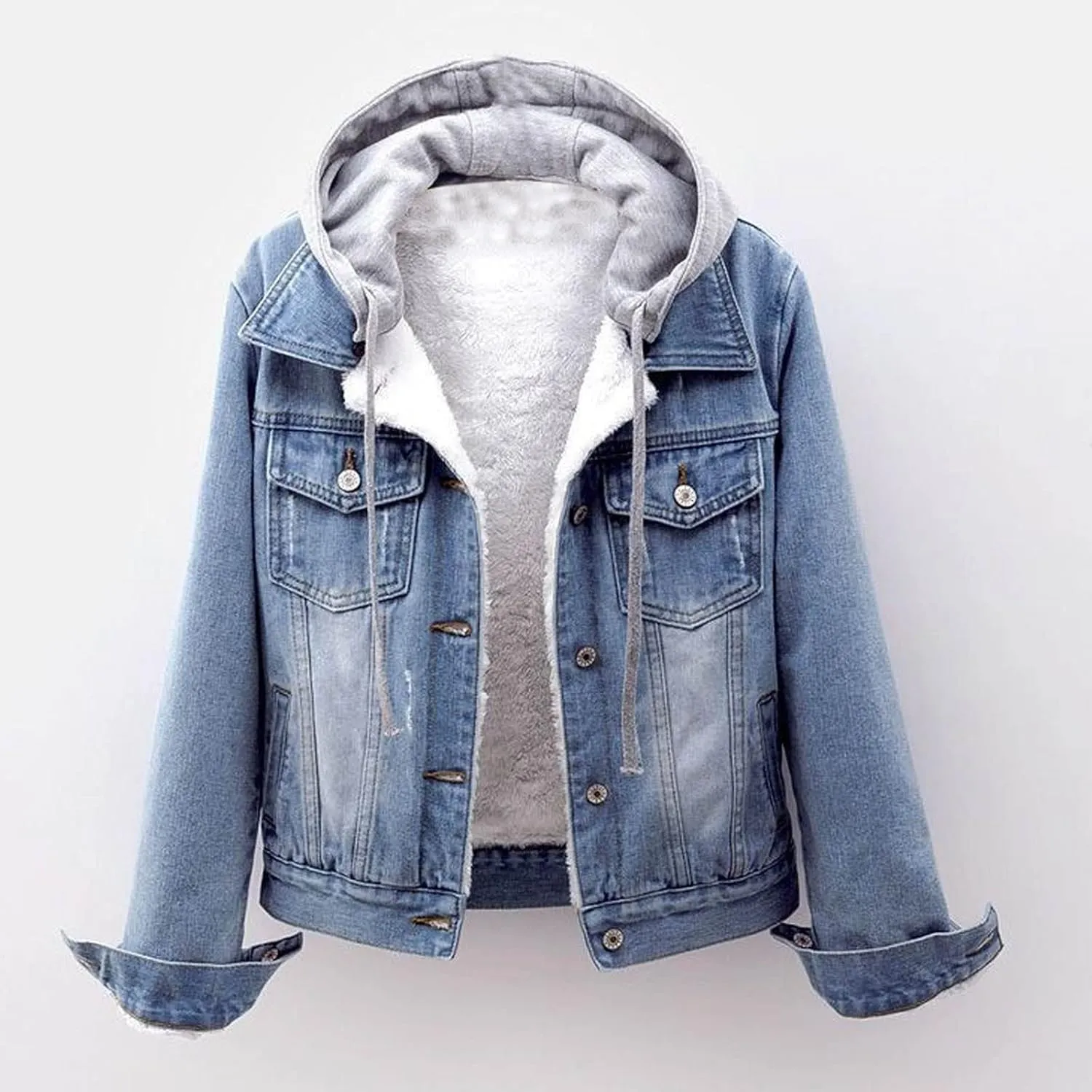 Women's Winter Detachable Hoodie Sherpa Fur Fleece Lined Denim Jean Trucker Jacket Coat