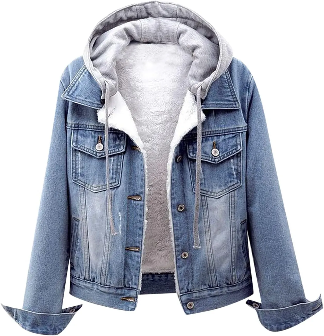 Women's Winter Detachable Hoodie Sherpa Fur Fleece Lined Denim Jean Trucker Jacket Coat