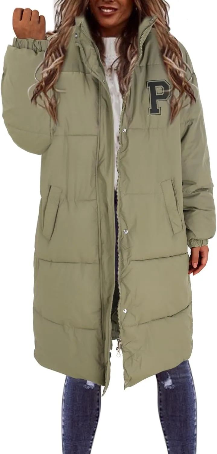 Women's Winter Thickened Down Jackets Long Quilted Puffer Coats Warm Loose Fit Casual Trendy P Letter Outerwear