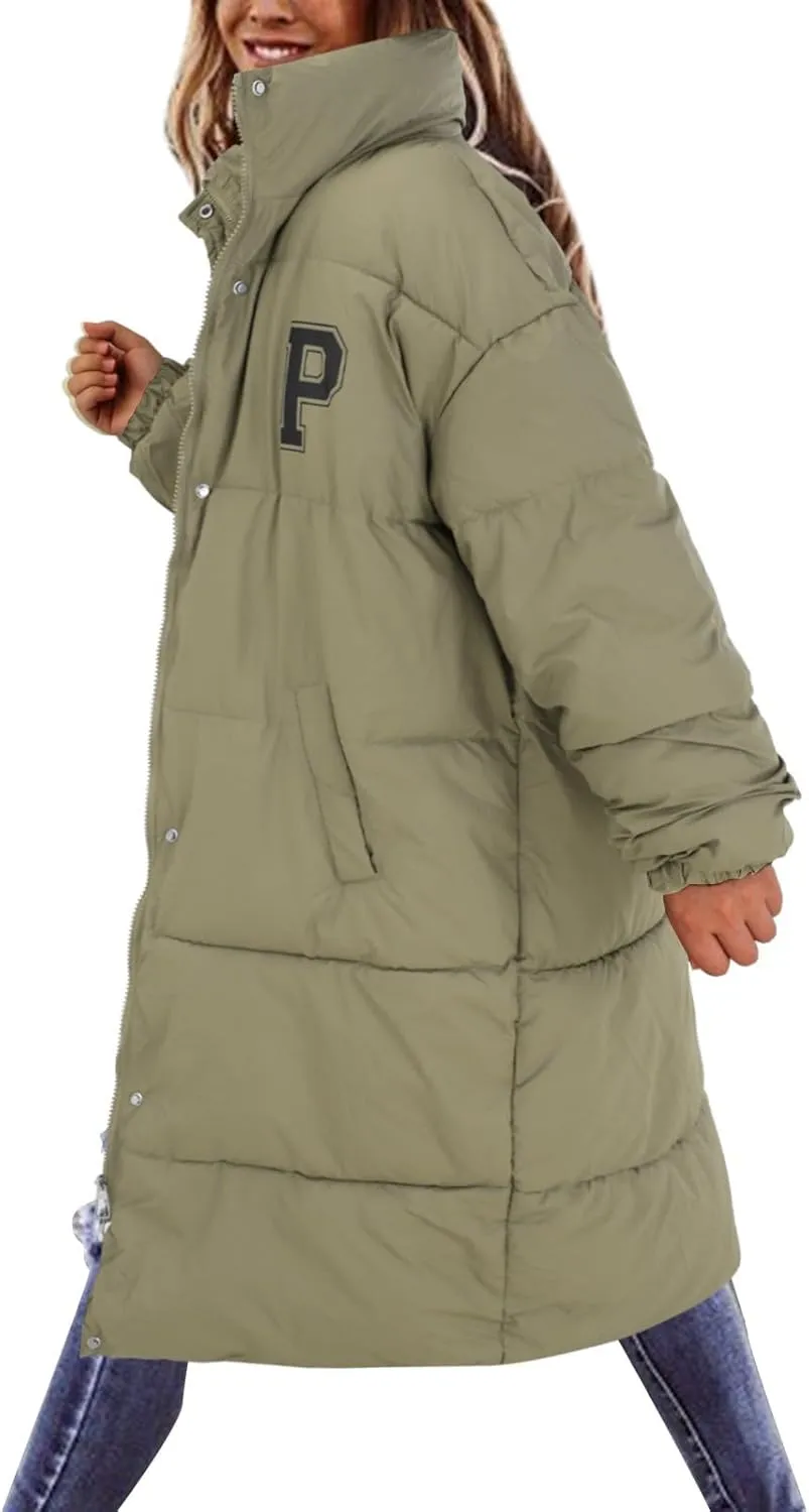 Women's Winter Thickened Down Jackets Long Quilted Puffer Coats Warm Loose Fit Casual Trendy P Letter Outerwear