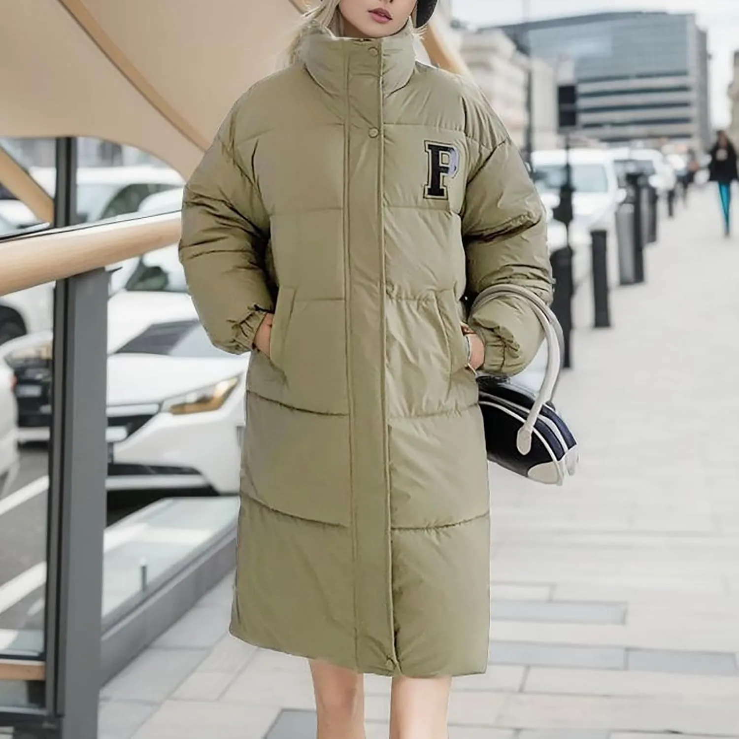 Women's Winter Thickened Down Jackets Long Quilted Puffer Coats Warm Loose Fit Casual Trendy P Letter Outerwear